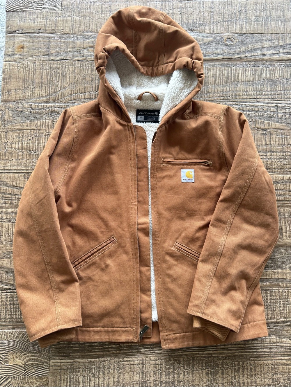 Carhartt Youth Tan Canvas Hooded Sherpa-Lined Jacket